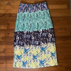 Pleated Floral Colorblock Midi Skirt in Navy, Teal & Yellow